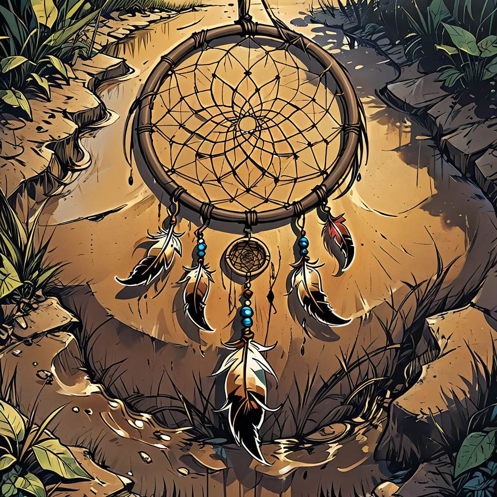 the dream catcher lies on the ground in the mud, graphic style of novel comics, 2d,
8k, hyperrealism, masterpiece, high resolution, best quality, ultra-detailed, super realistic, Hyperrealistic art, high-quality, ultra high res, highest detailed, lot of details, Extremely high-resolution details, incredibly lifelike, colourful, soft cinematic light,