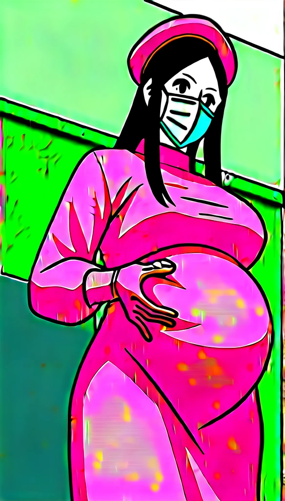 score_9, score_8_up, score_7_up, source_anime, raw image, masterpiece, highest quality, kasuganoray, pale skin, her eyes are happy, long black hair, big breasts, scrubs, surgical mask, bouffant cap, long sleeve maternity dress, put on another long-sleeved coat, seamless, navel head, the dress isn't wrinkled, long white stockings,
1girl, pregnant, solo, long rubber gloves, looking down, furrowed brow, hospital bed, light shines from the ceiling, standing, patient room background,