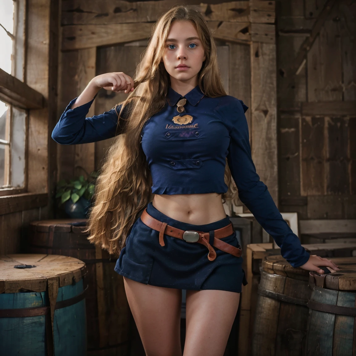  A tall 18-year-old girl, big chest, beautiful beauty, beautiful, cute, Affectionate, long blond and curly hair, natural blue eyes, she only wears a dark blue miniskirt, a brown belt, a long black heel.