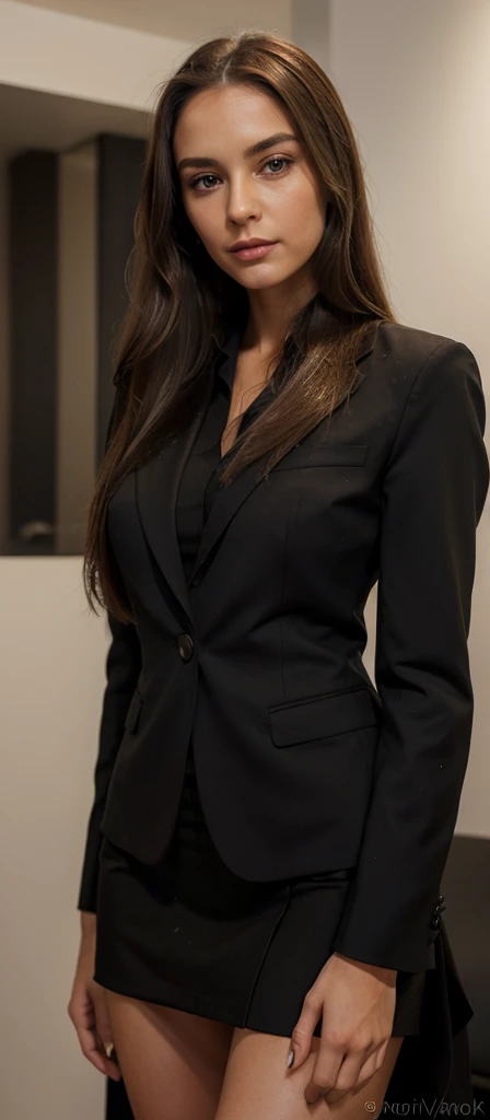 A realistic photo of beautiful italian business woman with professionnal black skirt suit, light makeup, long straight dark blonde hair, high quality, very detailed, perfect fit, looking at the camera
