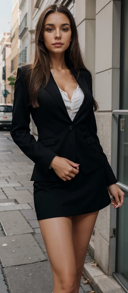 A realistic photo of beautiful italian business woman with professionnal black skirt suit, light makeup, long straight dark blonde hair, high quality, very detailed, perfect fit, looking at the camera 