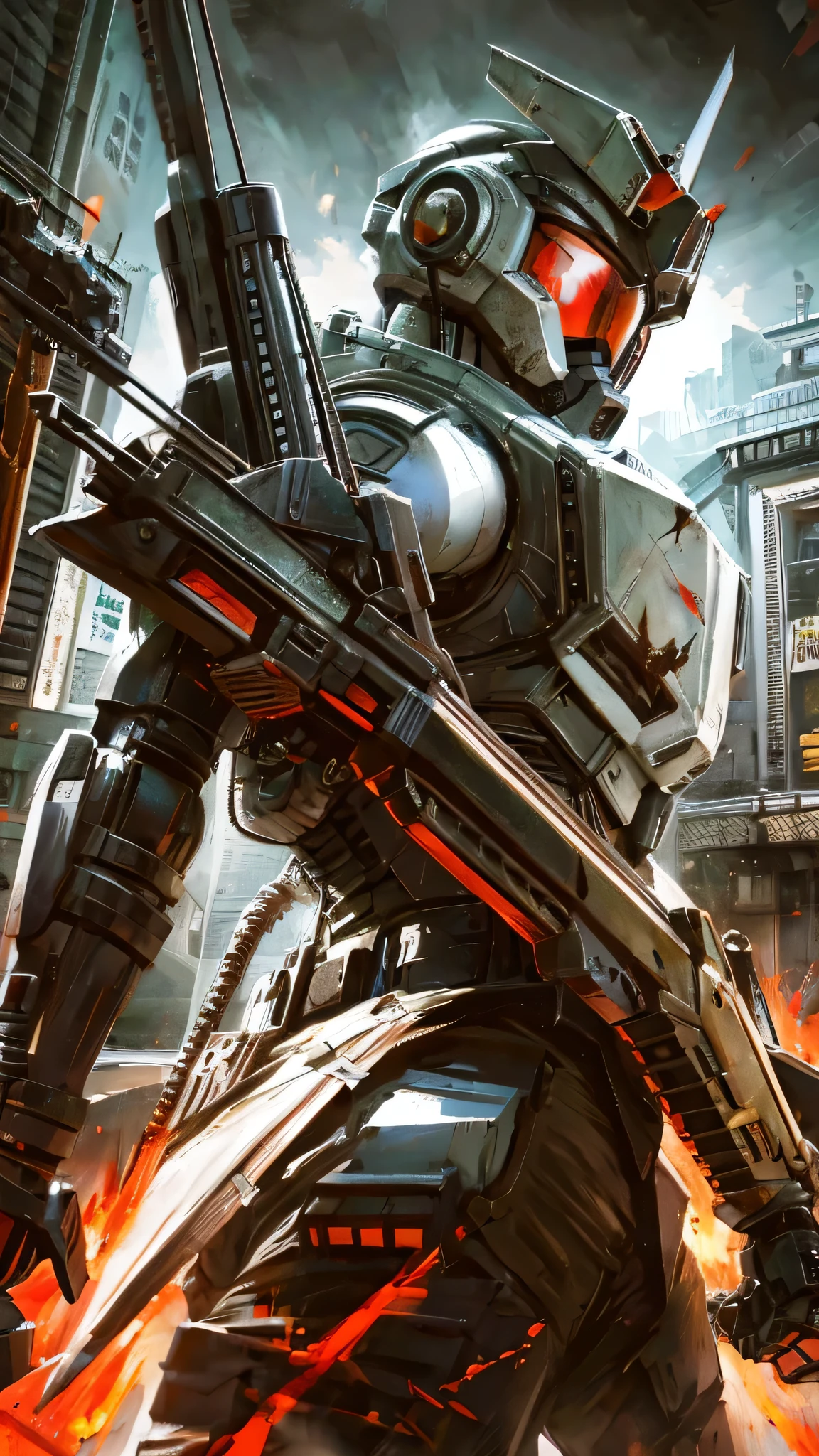 最high quality、Best image quality、masterpiece、Giant Mecha((humanoid、black body、Railgun、Bulletproof vest、Jetpack、Red visor、Run、Chainsaw,Covered in scars,gas mask、White Color))high quality、Beautiful art、background((City)),Tabletop、Exquisite design、Visual Arts、Written boundary depth、Best lighting、The finest details、8k
