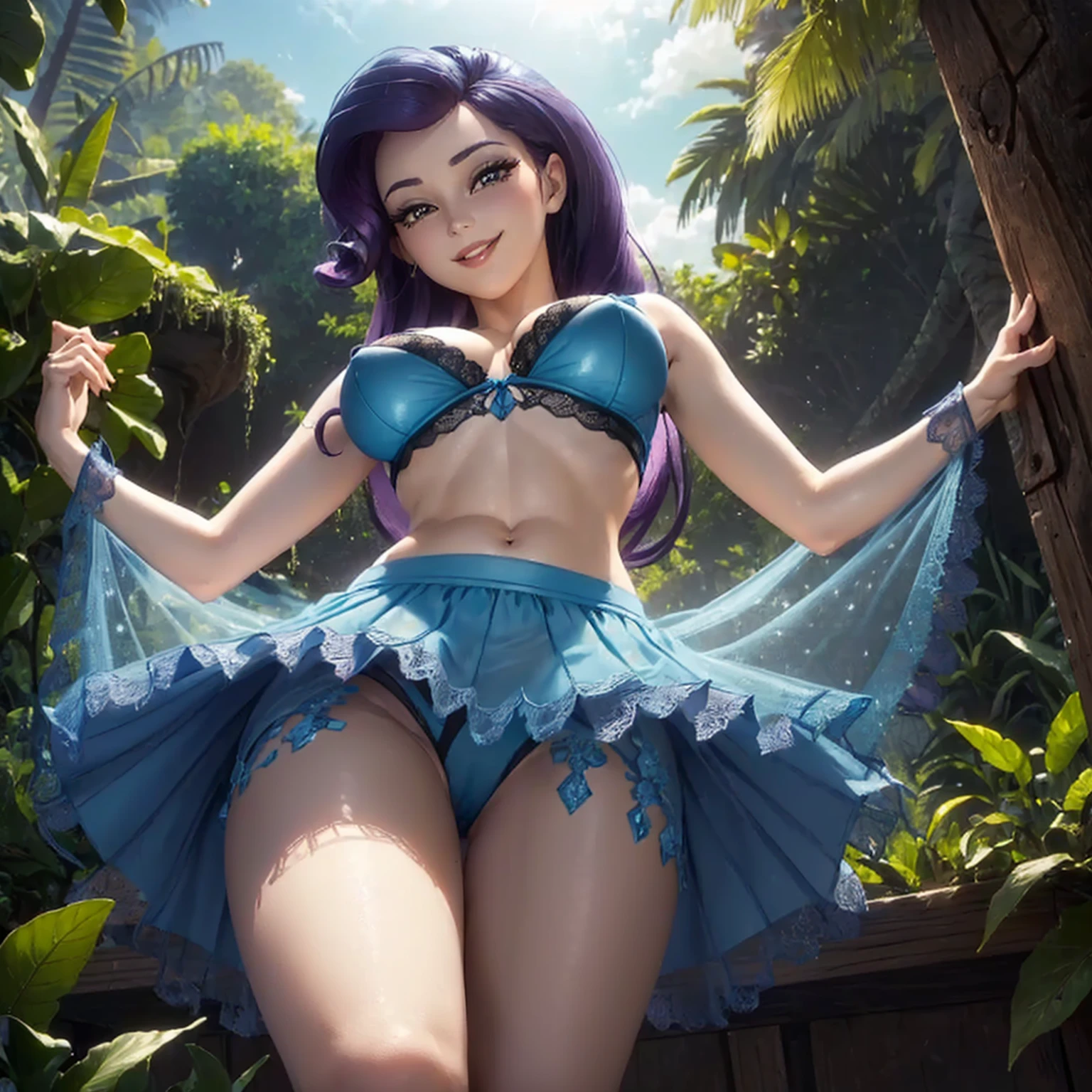 (((beautiful female body))),(((rarity as a sweet charming hot seductive horny model))) ,(((stand hold a blue lace skirt with hands)))), (((outdoor))),(((jungle in background))),(((lewd and erotic posing))), (((happy wicked smile))) ,(((wear light blue sheer lace transparent see through very short bra))) , (((((upskirt view))))) , breasts are visible , (((wear high heels))) , (((full body))),golden bracelets , (((perfect big breasts))) , lush breasts , Bulky Breasts , voluminous breasts ,(((peeping the viewer))),(((bare belly))),(((side close upskirt view)))