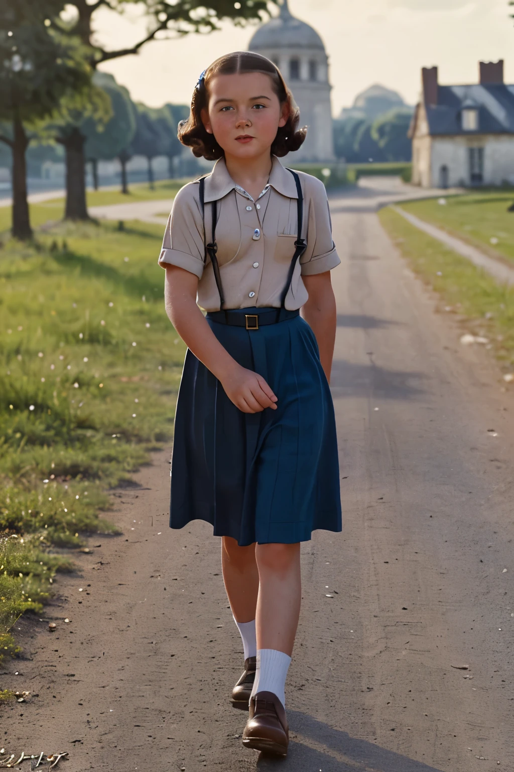 Paris, 1940. A little ((((-yeld)) ie-Laure LeBlanc)), freckles, walking in a country road, ((worried expression)), ((((clothings from the 1940s)))), ((dark hairstyle of the 1940s))