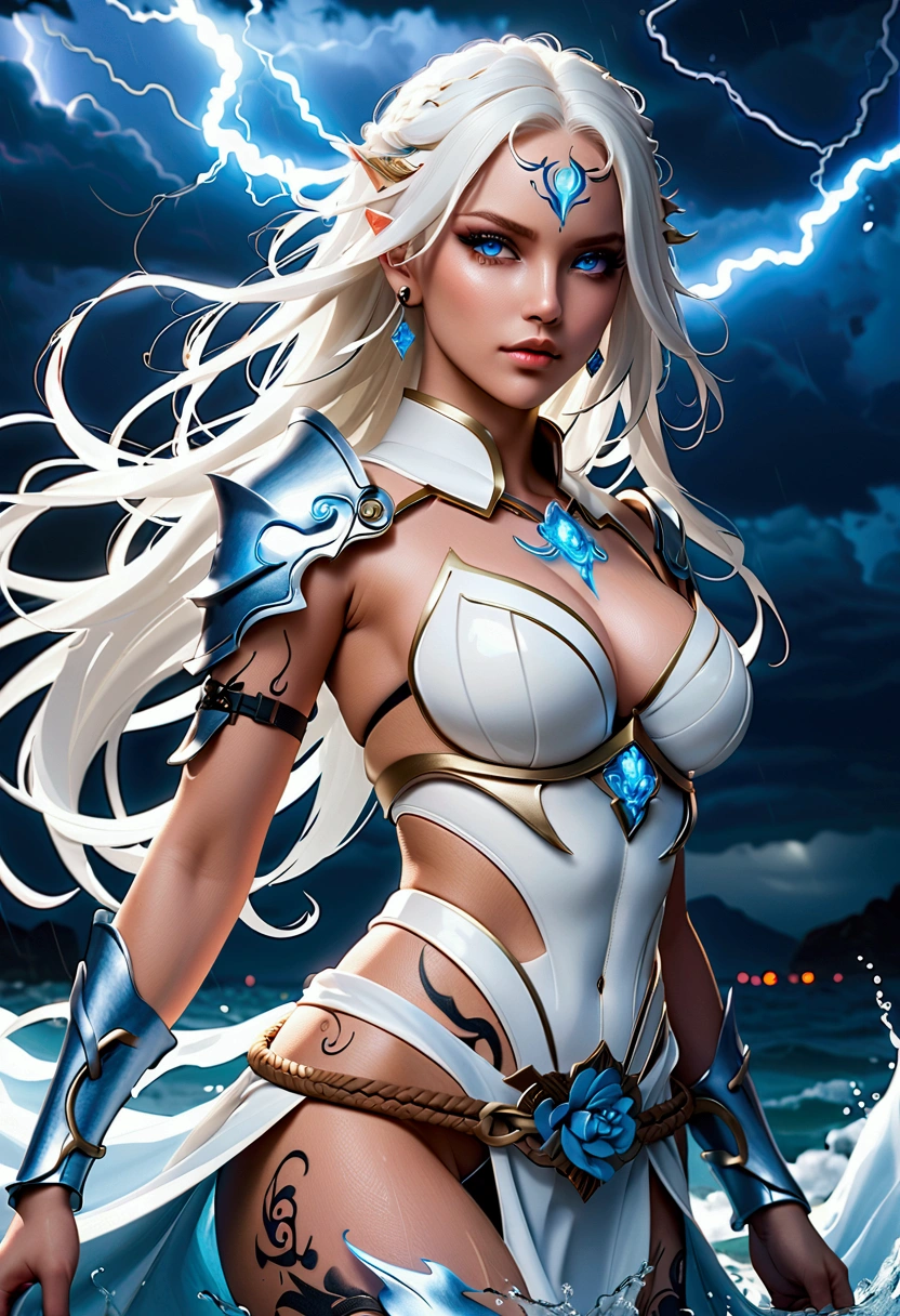 The most beautiful and sexy storm goddess, Beautiful long white hair, Glowing neon blue eyes, Wearing very fine white battle armor, Delicate water splashes form magical flowers, Lots of tattoos and piercings, Form the most powerful、Most destructive thunderstorms, Checkered background, Perfect masterpiece, high quality, high resolution。