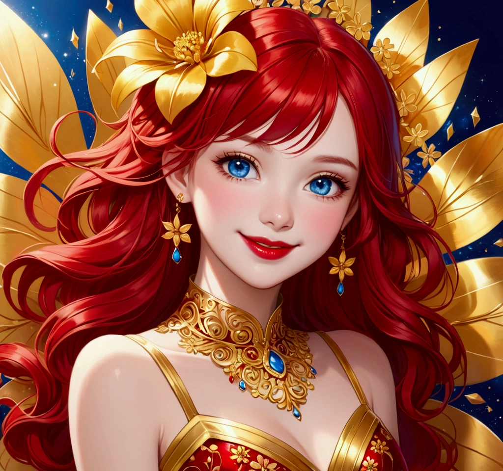 Girl, red dress, gold stripe in the middle of the dress, a shiny gold flower, red hair, blue eyes, and a red lip.smile ,,Cheerful girl,crystalline dress