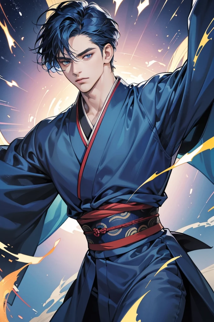 (Highest quality,4K,8K,High resolution,masterpiece:1.2),30-year-old male,Handsome Anime,No background,strong,Masculine,Dark blue hair,Sharp jawline,Captivating eyes,Perfectly styled hair,Medium Hair,kimono,Blue clothes,Confident expression,Vibrant colors,Dynamic Lighting
