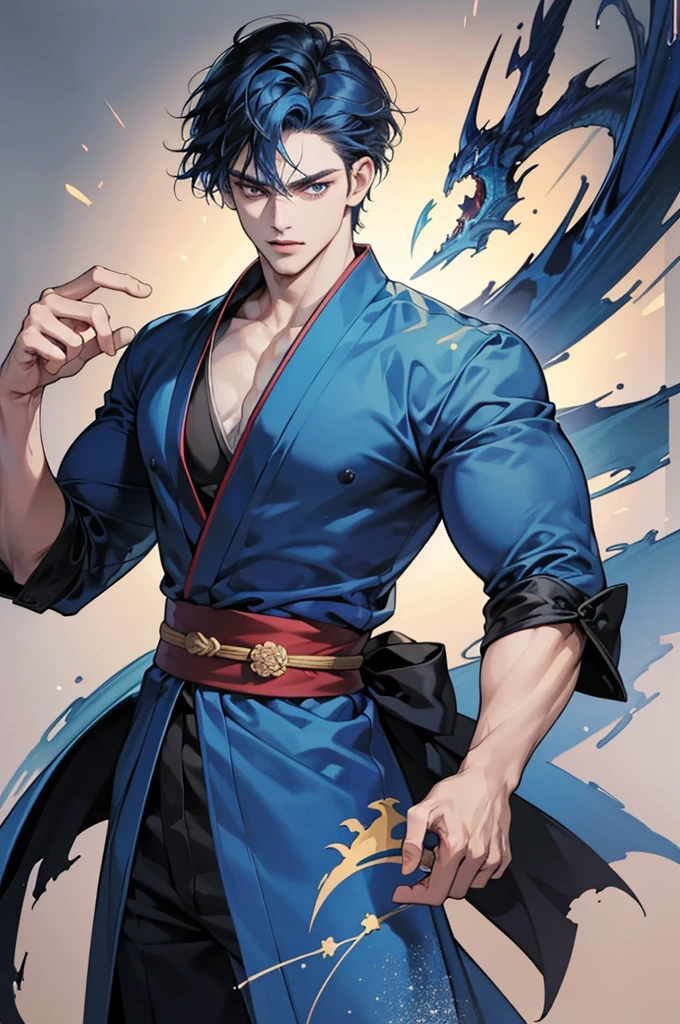 (Highest quality,4K,8K,High resolution,masterpiece:1.2),30-year-old male,Handsome Anime,No background,strong,Masculine,Dark blue hair,Sharp jawline,Captivating eyes,Perfectly styled hair,Medium Hair,kimono,Blue clothes,Confident expression,Vibrant colors,Dynamic Lighting