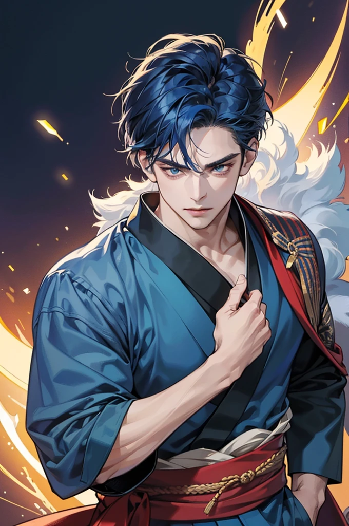 (Highest quality,4K,8K,High resolution,masterpiece:1.2),30-year-old male,Handsome Anime,No background,strong,Masculine,Dark blue hair,Sharp jawline,Captivating eyes,Perfectly styled hair,Medium Hair,kimono,Blue clothes,Confident expression,Vibrant colors,Dynamic Lighting
