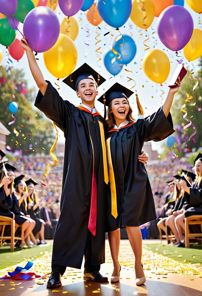 Create a highly detailed image of a young man and a young woman celebrating their graduation on a luxurious golden podium. Both graduates should be standing with their arms raised in triumph, holding their diplomas in one hand. They are dressed in traditional graduation attire, including caps and gowns. The young man has a broad, joyous smile, and the young woman exudes pride and excitement. The golden podium they stand on should be ornately decorated with intricate patterns and a polished, reflective surface, highlighting the elegance and significance of the occasion. The podium should be elevated, making the graduates the focal point of the scene. Surrounding the podium, there should be festive elements such as colorful confetti raining down, balloons in the background, and streamers adding to the celebratory atmosphere. The backdrop should include a large banner or sign congratulating the graduates, possibly with the year of graduation displayed prominently. Additionally, the scene should feature an audience in the background, clapping and cheering for the graduates, adding to the overall sense of accomplishment and joy. The lighting should be bright and warm, casting a glow on the graduates and the golden podium, emphasizing the celebratory mood of the moment. This image should capture the essence of achievement, pride, and festivity, with attention to every detail to make it a memorable and inspiring depiction of a graduation celebration.