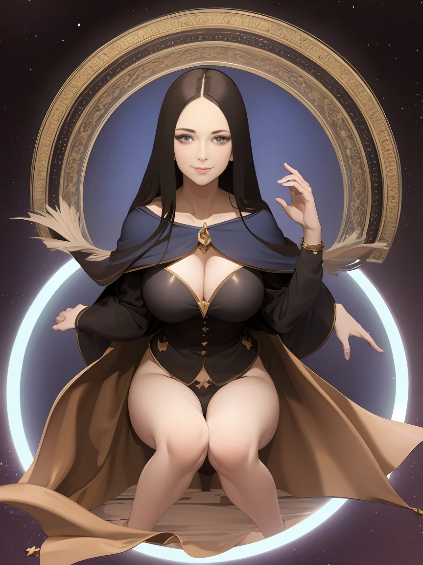 Giles dark wizards. Leaving a magic circle. Magic of hearts in the air. Sensual and innocent pose. Mona Lisa smile. happy, SMILE, big breasts, big butt