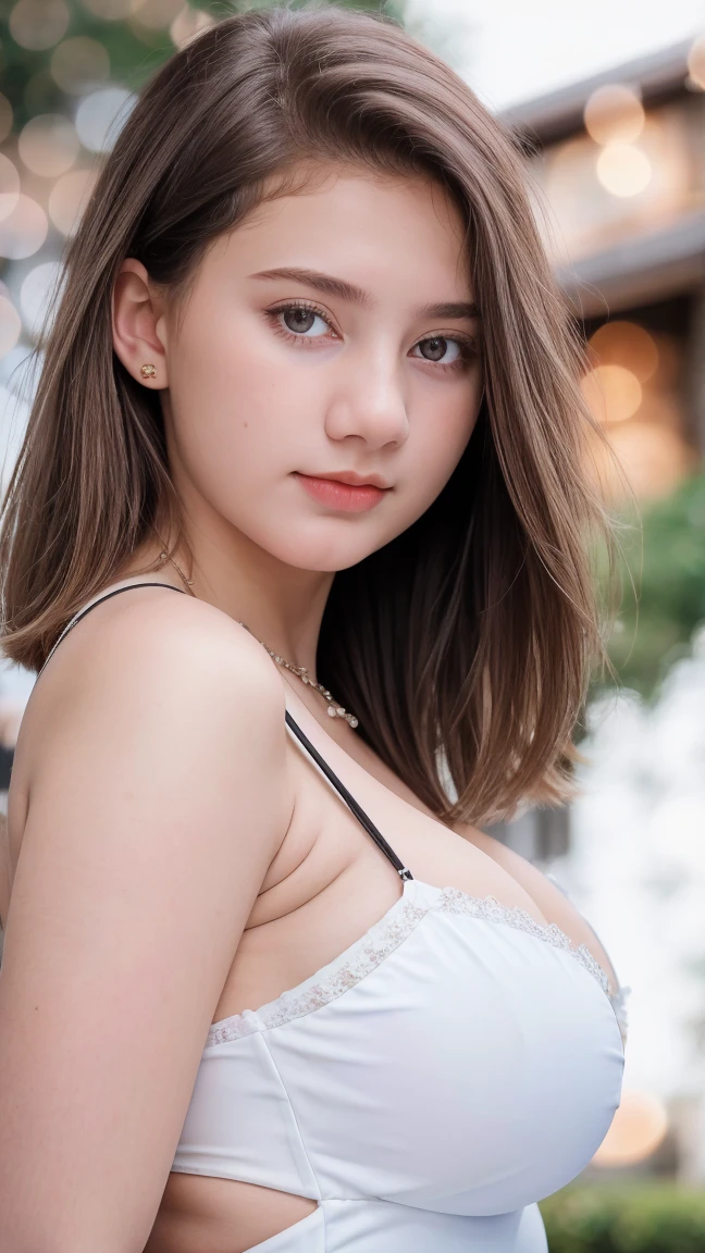 1 Girl, Beautiful, Baby Face, 18 Years Old, White Skin, Colossal Breasts, Front Facing, Dynamic Pose, Cleavage, White Classy Checkered Dress, Black Eye, ((Bokeh:1.3)), Modern house Place Background, Masterpiece, Medium Bob Hair,((medium photo shoot)), slim body 