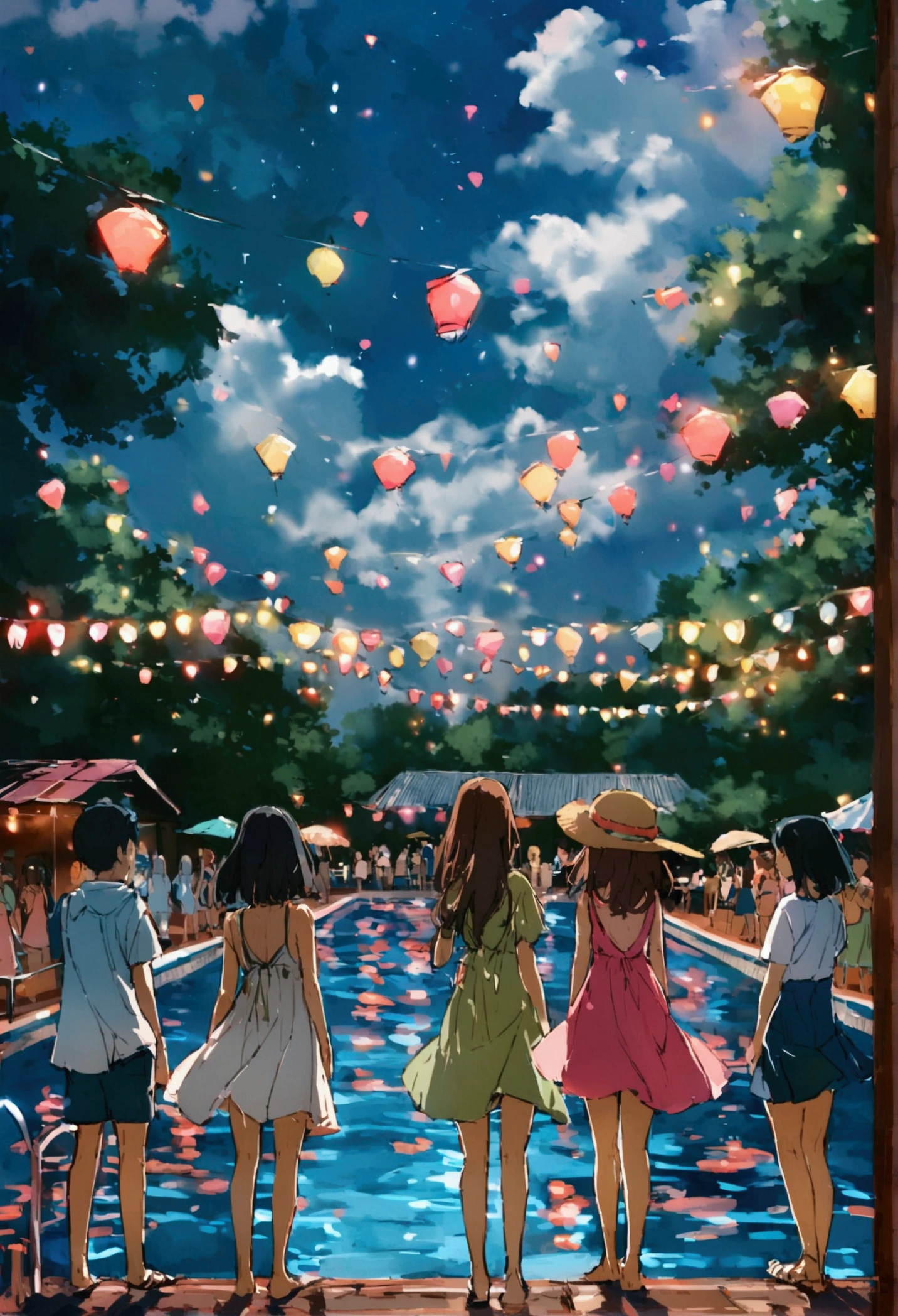 Many people in summer dresses are dancing by the pool、summer night