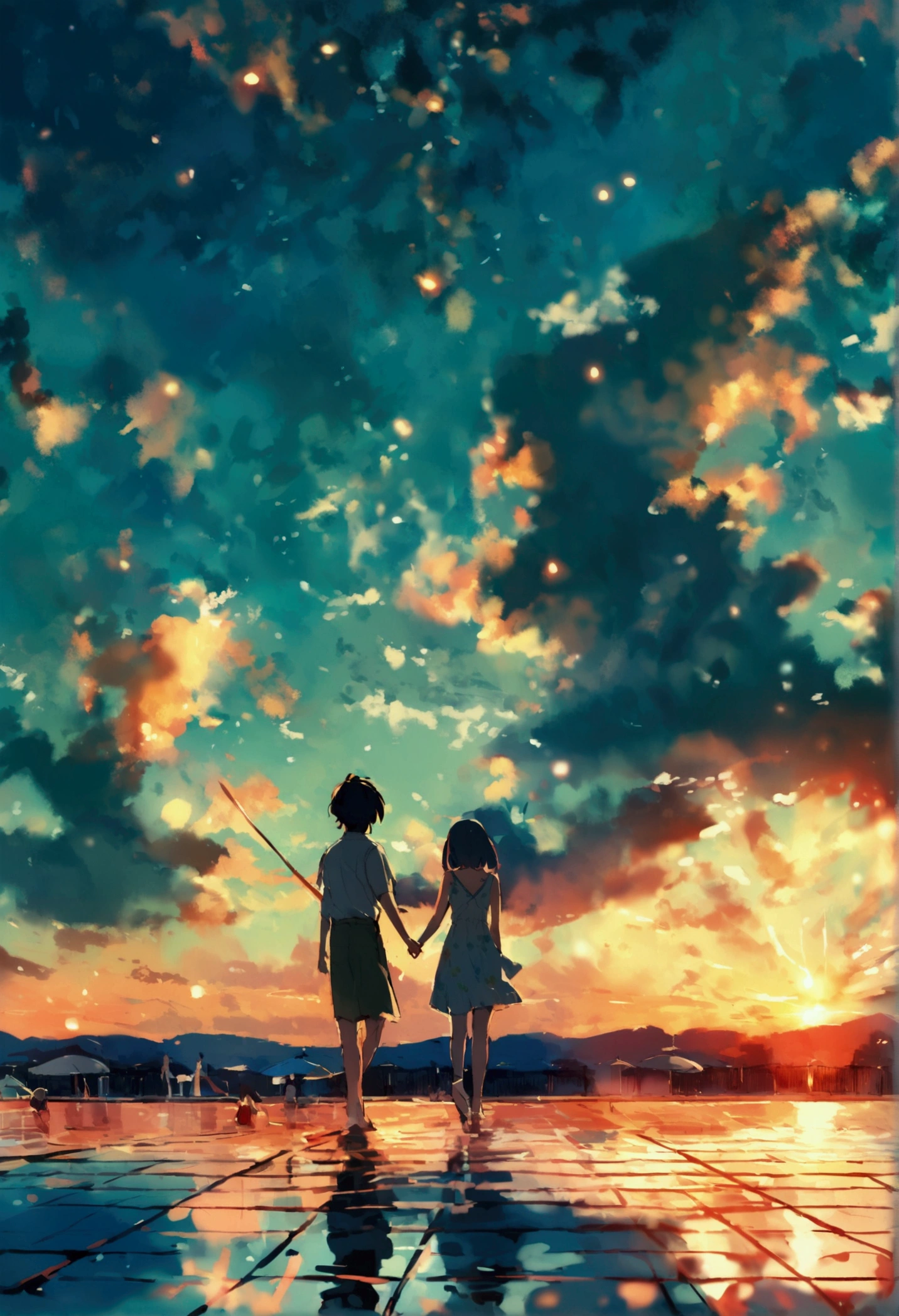 Many people in summer dresses are dancing by the pool、summer night