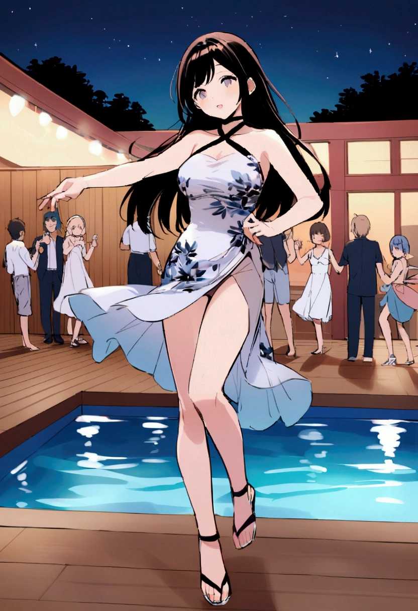 Many people in summer dresses are dancing by the pool、summer night