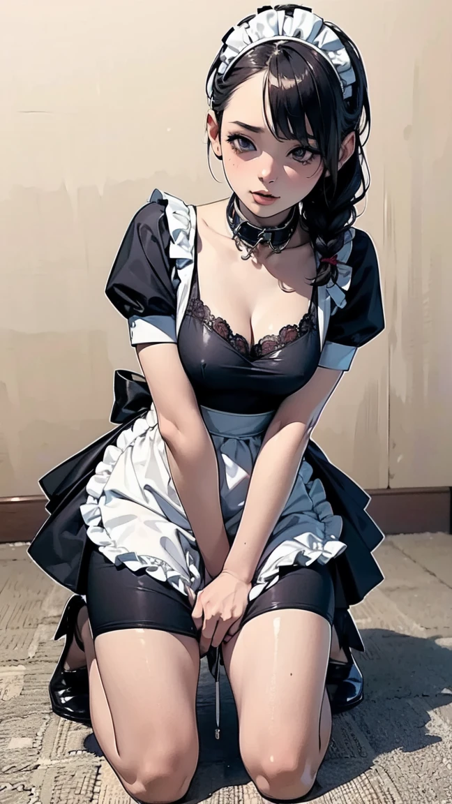 , beauty, Teen maid, (Big kink collar), cute, (Obedient:1.8), TeenGirl, Short girl, , (look at me), Big eyes, Sexy Maid Wear, Braid, Embarrassing, cute, Innocent, Packed with cosmetics, slave, Obedient, Kneeling Moe Girl,