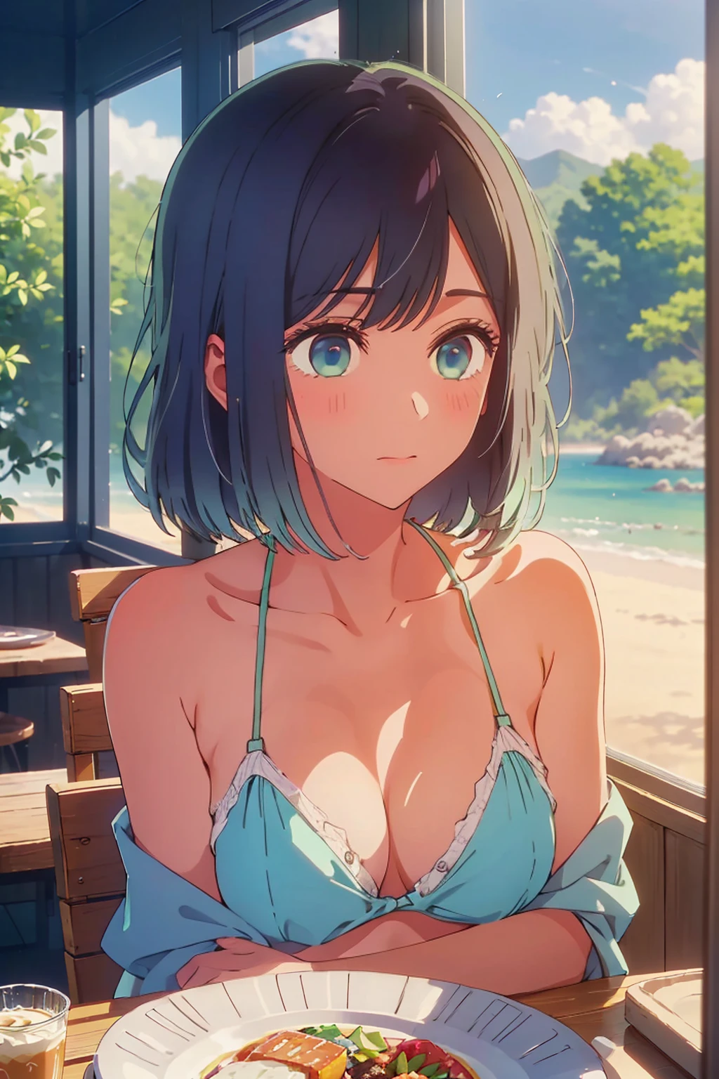 (Highest quality:1.4、masterpiece:1.4、Super detailed:1.4、Ultra-high resolution:1.4、8K:1.4)、F cup bust、Big Breasts、Slim body、((((1 person、Surprised expression、sit、Chair、In the background are the urban buildings of Tokyo、looking at the camera、Outdoor café terrace、coastal、juice、Shooting up close、table、Very cute face))))、(Pose with hands tucked behind ears:1.4、Cheek resting on hand:1.4）、((nude、very beautiful areola))、bikini、Very blue sky、A completely cloudless sky