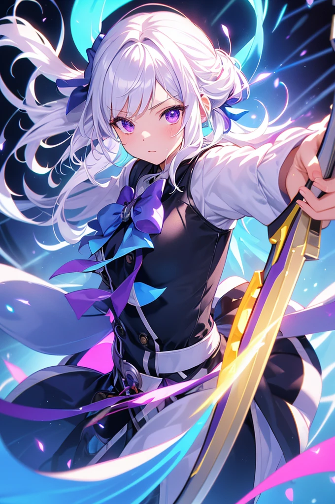 (masterpiece, best quality, chromatic aberration), colorful, 1girl, white hair, purple eyes, bow, wielding bow, archery, blue flames, glow, glowing weapon, light particles,