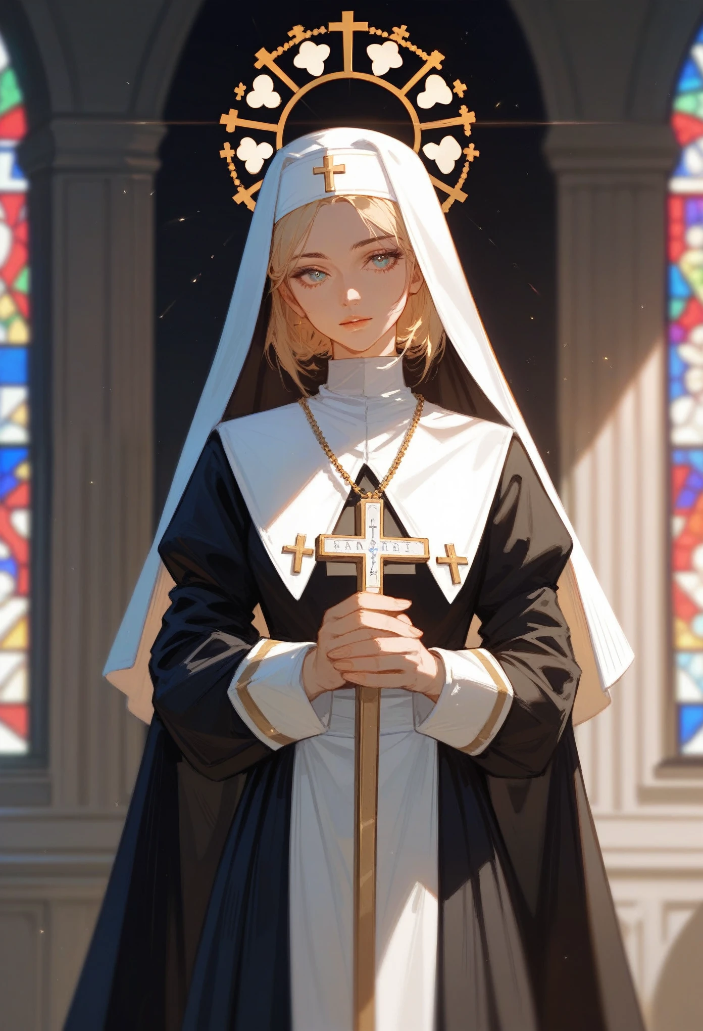 (Fraction_9,Fraction_8_Direction_7_up),1 a woman,(((bust))),game character,Priest,nun,hair,Bible in hand,White clothes,Gold decoration,Long legs,Short skirt,