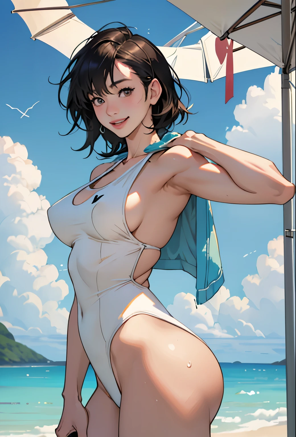 Realistic、Face reality、With a girl、Swimwear、 smile、My breasts have gotten a little bigger、Sexye、From the front it looks like a one-piece, but from the back it looks like a mono bikini、