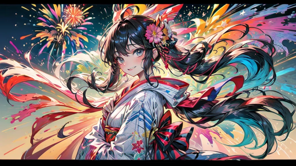 masterpiece、Rainbow Hair、Delicate eyes、smile、Delicate eyes、Hair tied up、Beautiful hair ornaments、kimono、(((firework)))、whole body