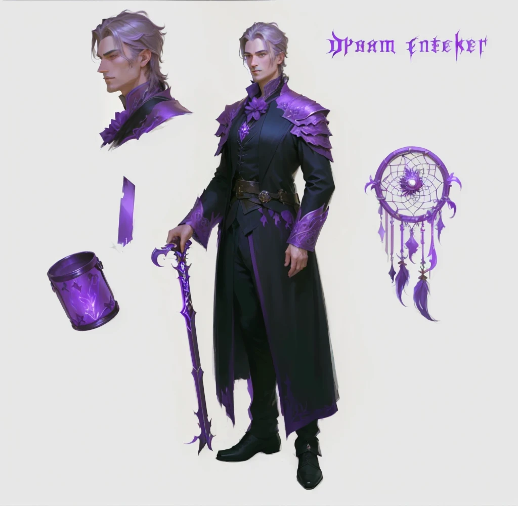a man in a dark purple outfit is standing, flask with nightmares, well-developed detailed props, detailed portrait of a handsome European man, !dream conceptual art, Dreamcatcher, fantasy magician, languid expression on his face, detailed render, artstation quality, ryan glitter conceptual artist, unrealistic character concept, besides, What + conceptual art, The concept of a fantasy character, fantasy character design, ( ( character conceptual art ) ), arcane conceptual art, detailed character art, detailed character design, realistic character concept, [ character design ], male character design
