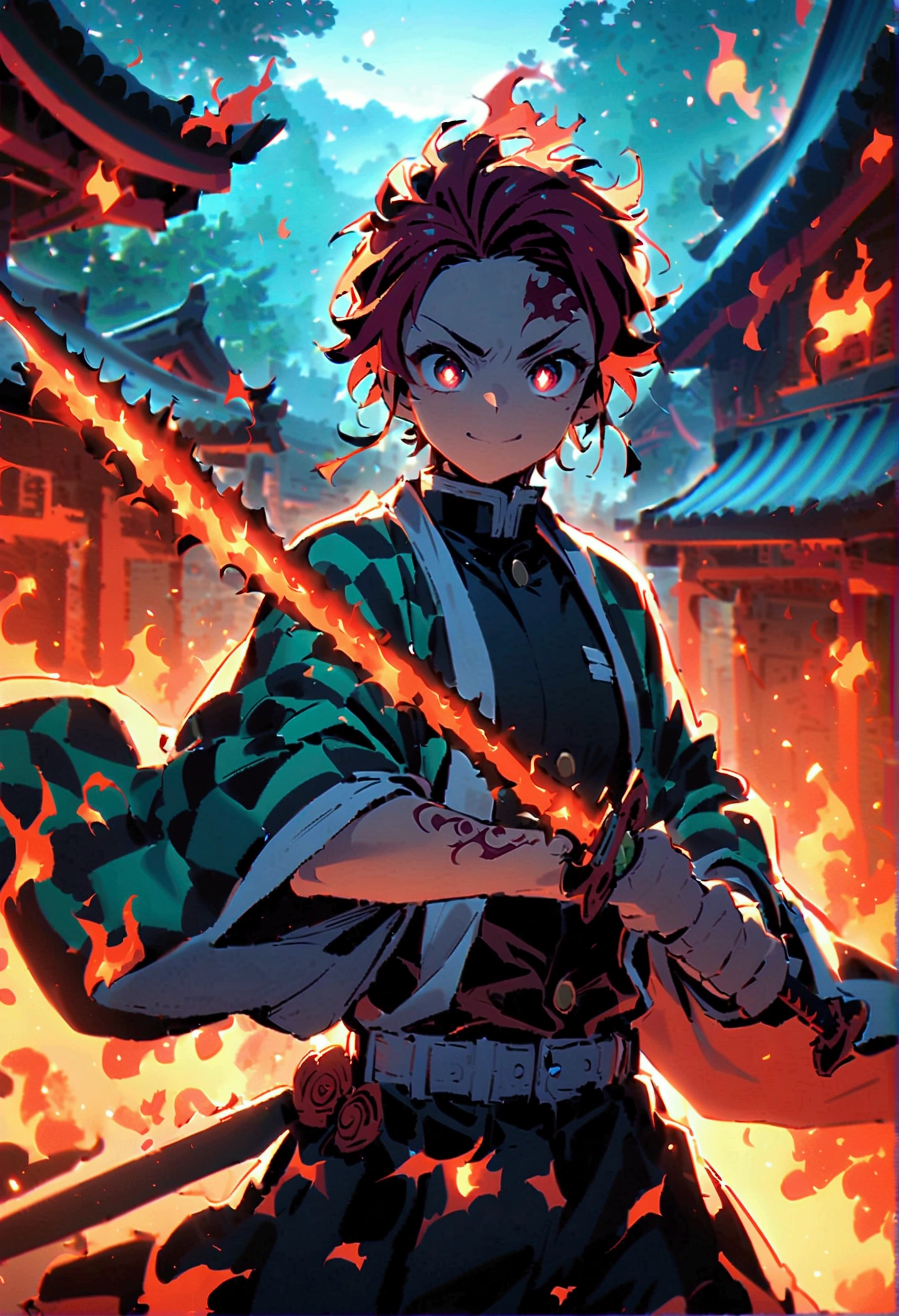 tanjiro kamado, Demon Slayer Anime, Focus of weapons，Bright redhead, Glowing red eyeballs，Intricate tattoos，(With a flaming sword in hand:1.5)，Elements of danger and tension，Checkered clothing, Demon Slayer uniform, Black trousers, Finding, fire, explode, Dynamic pose, Temple, vision、smile