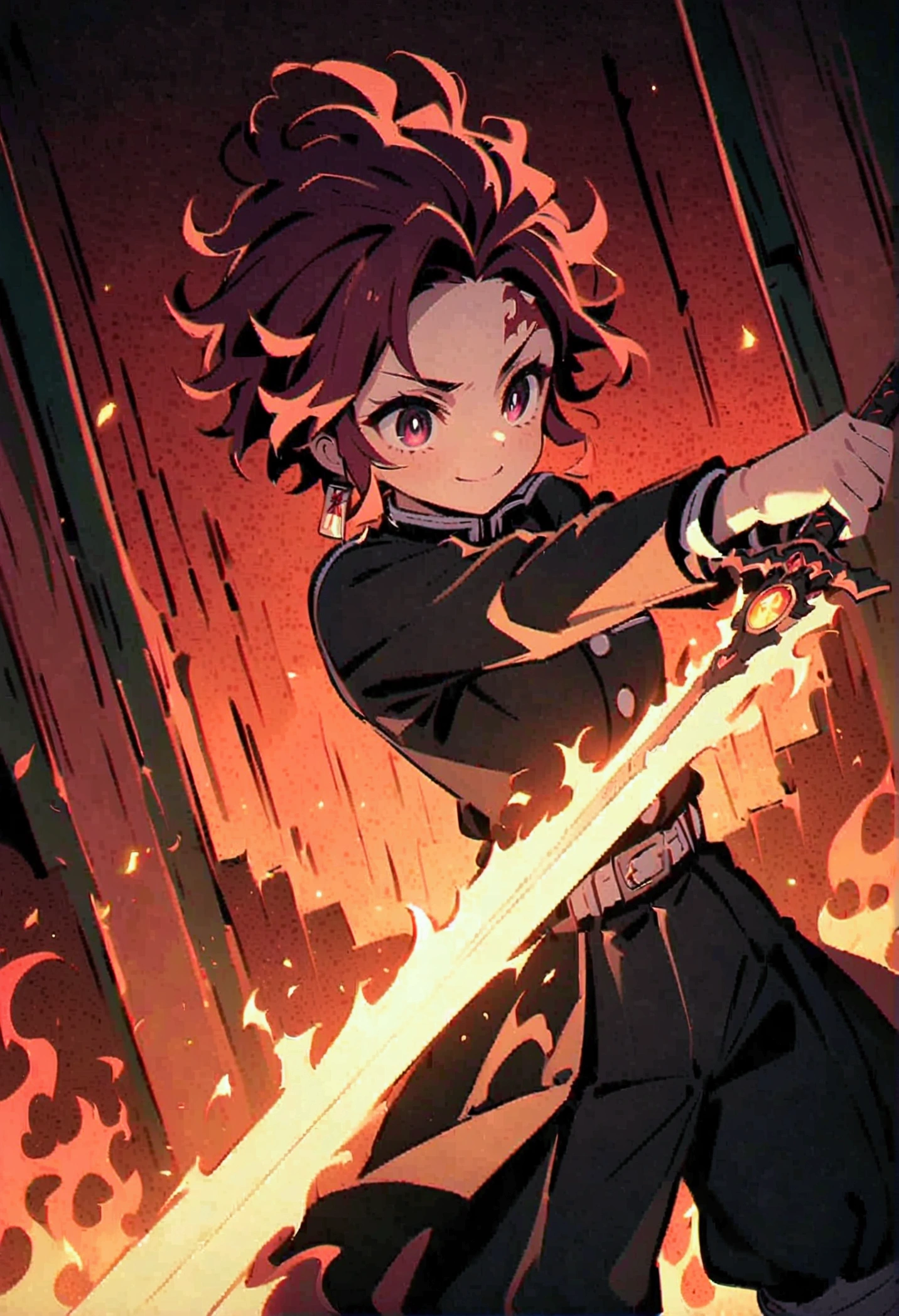 tanjiro kamado, Demon Slayer Anime, Focus of weapons，Bright redhead, Glowing red eyeballs，Intricate tattoos，(With a flaming sword in hand:1.5)，Elements of danger and tension，Checkered clothing, Demon Slayer uniform, Black trousers, Finding, fire, explode, Dynamic pose, Temple, vision、smile