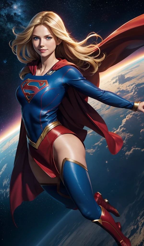 Supergirl in action pose, flying in the space, planet's in the background, perfect costume, upturned buttock, back angle view, extremely blond hair, smooth curves, red cape, extremely beautiful blue eyes, beautiful smile 