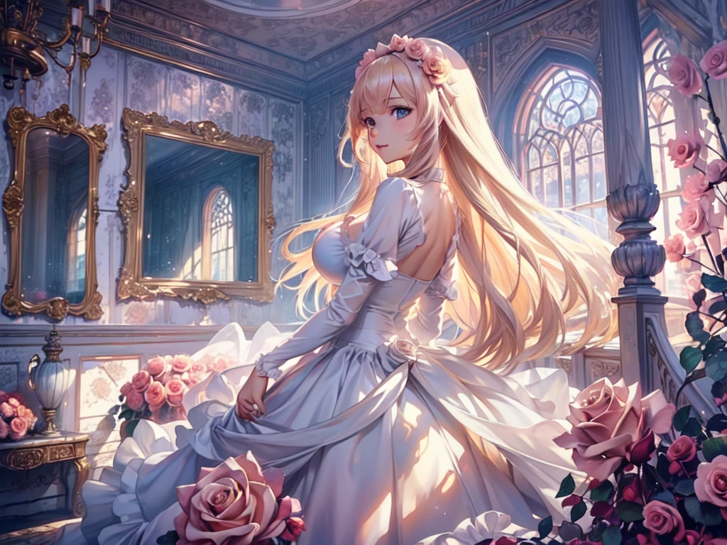 ,Super detailed,Beautiful attention to detail,girl with beautiful eyes, everyone, Beautiful Anime Girls, Cute Anime Girl, Anime Style, Elegant colors, Soft lighting, Delicate and beautiful wet eyes, Very coquettish, (Beautiful big breasts:1.2), (The right move:1.2)(Highest quality)), ((masterpiece)), ((Super detailed)), (Very delicate and beautiful),(Rose fractal art:1.5),Beautiful girl, Fine grain,Abstract and mysterious girl, Long blonde hair,Pink Dress, Dreamy swirls of pastel colors and soft light, Evokes a sense of serene serenity and elusive beauty,Attention to detail,Captivating smile,Imaginative,In a room with flowers,Cowboy Shot、A charming Western alley、Gothic architecture、Western architecture、Fantasy World、