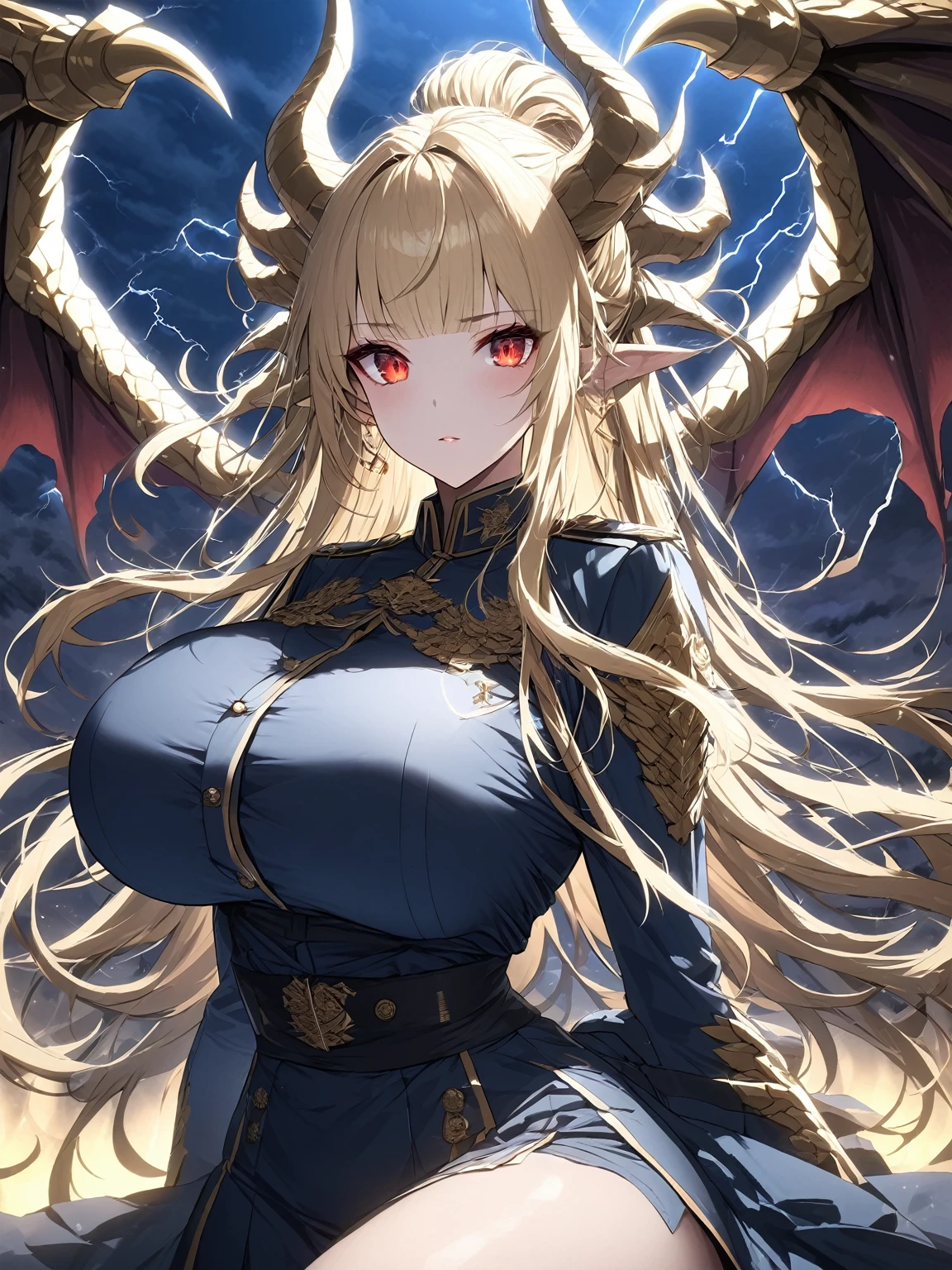 Masterpiece, very detailed, ultra detailed, one, (1 woman), she is in an ancient blue military uniform with white, long golden hair and tied hair and wild bangs, yellow demonic horns, yellow dragon wings, beautiful, charming, bright blood-red eyes, light eyes, elegant, huge breasts (big), neutral face, she is against the background of the night sky, thunderstorms and lightning.