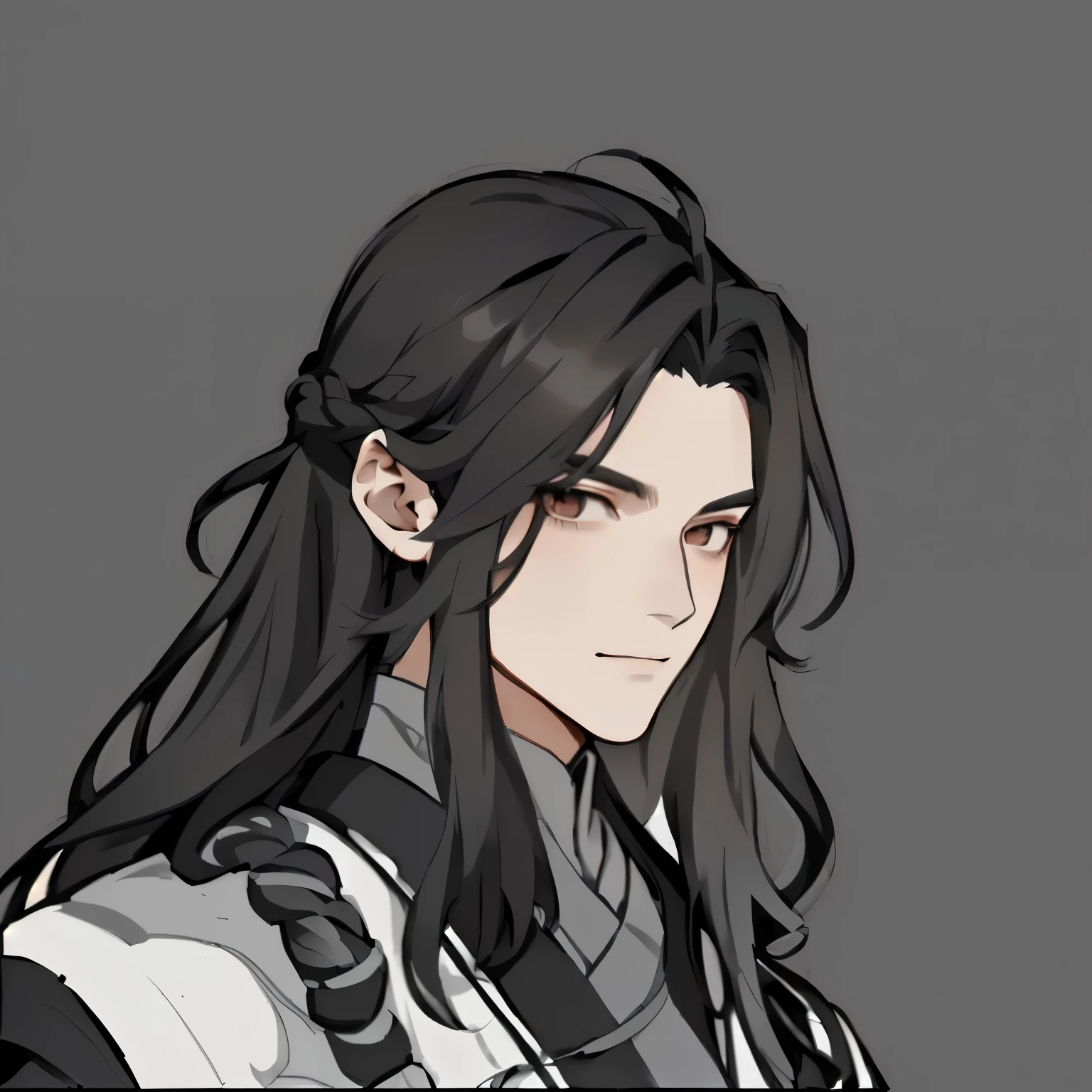 Close-up of long-haired person in black and white clothing, The handsome guy in Demon Slayer, Mischievous fake smile, Keqing from genshin impact, Taisho Rome, He has dark gray hair, Long-haired anime tribe boy, Human Male Character Art, 《Genshin Impact》Zhongli, heise jinyao