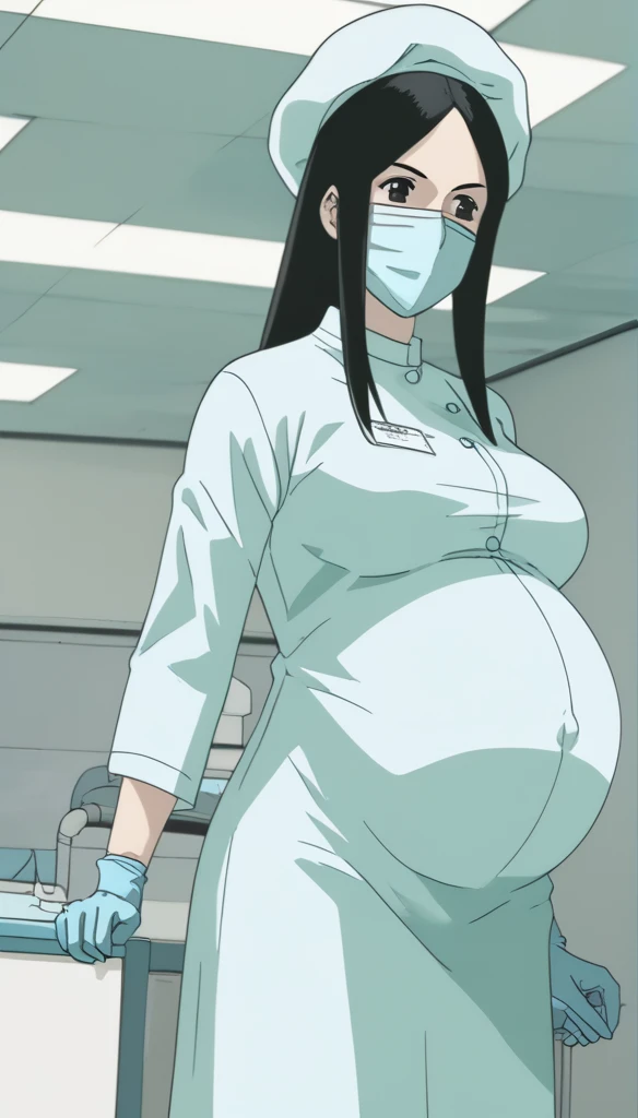 score_9, score_8_up, score_7_up, source_anime, raw image, masterpiece, highest quality, kasuganoray, pale skin, her eyes are happy, long black hair, big breasts, scrubs, surgical mask, bouffant cap, long sleeve maternity dress, put on another long sleeved coat, seamless, navel head, the dress isn't wrinkled, long white stockings,
1girl, pregnant, solo, long rubber gloves, looking down, furrowed brow, hospital bed, light shines from the ceiling, standing, patient room background,