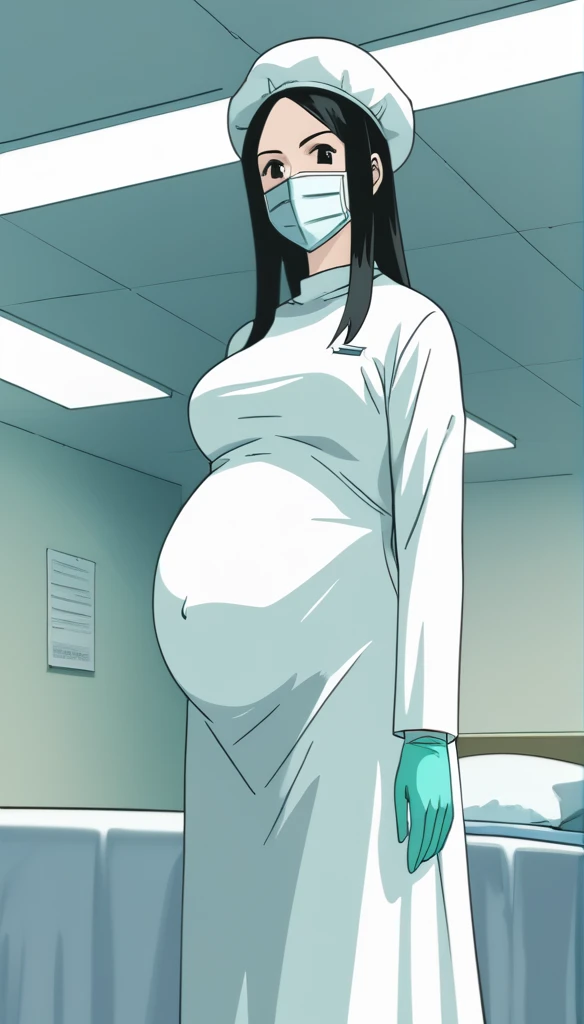 score_9,  score_8_up, score_7_up, source_anime, raw image, masterpiece, highest quality, kasuganoray, pale skin, her eyes are happy, long black hair, big breasts, scrubs, surgical mask, bouffant cap, long sleeve maternity dress, put on another long sleeved coat, seamless, navel head, the dress isn't wrinkled, long white stockings,
1girl, pregnant, solo, long rubber gloves, looking down, furrowed brow, hospital bed, light shines from the ceiling, standing, patient room background, 