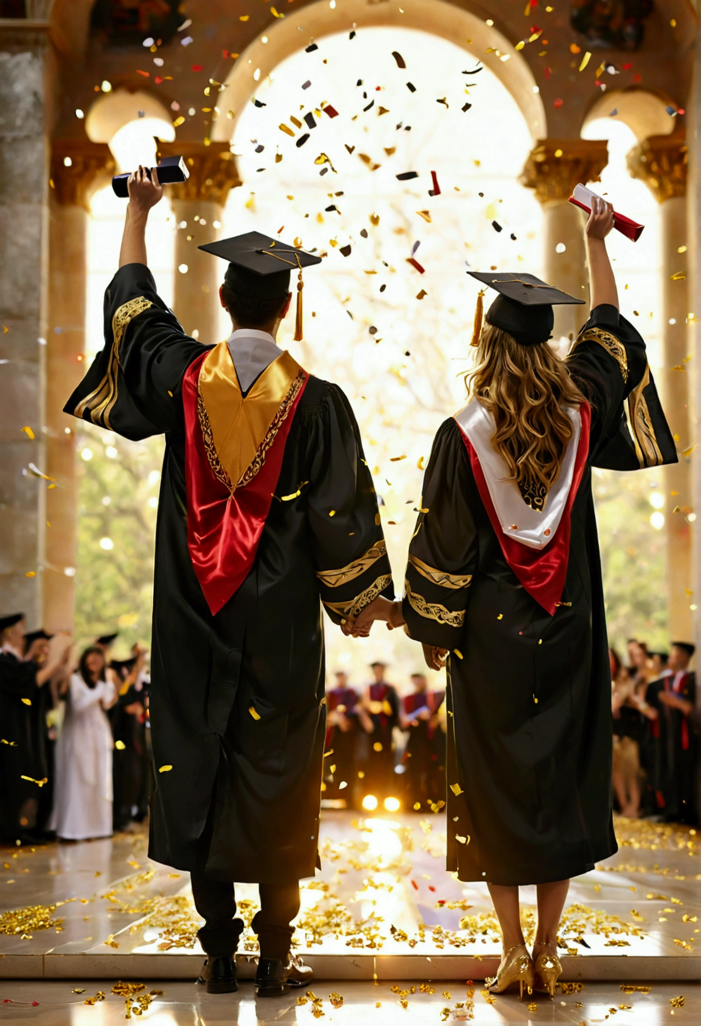 Create a highly detailed image of a young man and a young woman celebrating their graduation on a luxurious golden podium. Both graduates should be standing with their arms raised in triumph, holding their diplomas in one hand. They are dressed in traditional graduation attire, including caps and gowns. The young man has a broad, joyous smile, and the young woman exudes pride and excitement. The golden podium they stand on should be ornately decorated with intricate patterns and a polished, reflective surface, highlighting the elegance and significance of the occasion. The podium should be elevated, making the graduates the focal point of the scene. Surrounding the podium, there should be festive elements such as colorful confetti raining down, balloons in the background, and streamers adding to the celebratory atmosphere. The backdrop should include a large banner or sign congratulating the graduates, possibly with the year of graduation displayed prominently. Additionally, the scene should feature an audience in the background, clapping and cheering for the graduates, adding to the overall sense of accomplishment and joy. The lighting should be bright and warm, casting a glow on the graduates and the golden podium, emphasizing the celebratory mood of the moment. This image should capture the essence of achievement, pride, and festivity, with attention to every detail to make it a memorable and inspiring depiction of a graduation celebration.