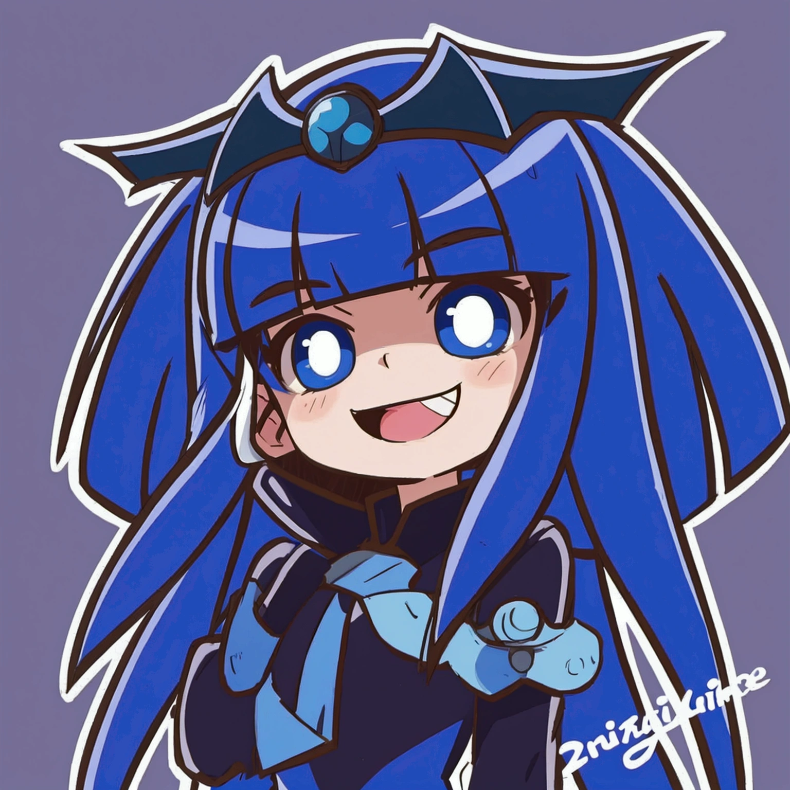 a cartoon drawing of a girl with blue hair and a helmet, anime moe artstyle, I&#39;ll do fanart too, 2D anime style, cel - shaded art style, плоская заливка anime style, anime style, [[[[grinning evilly]]]], Cellular!!!, sai drawing tool!! blue, anime style, chibi