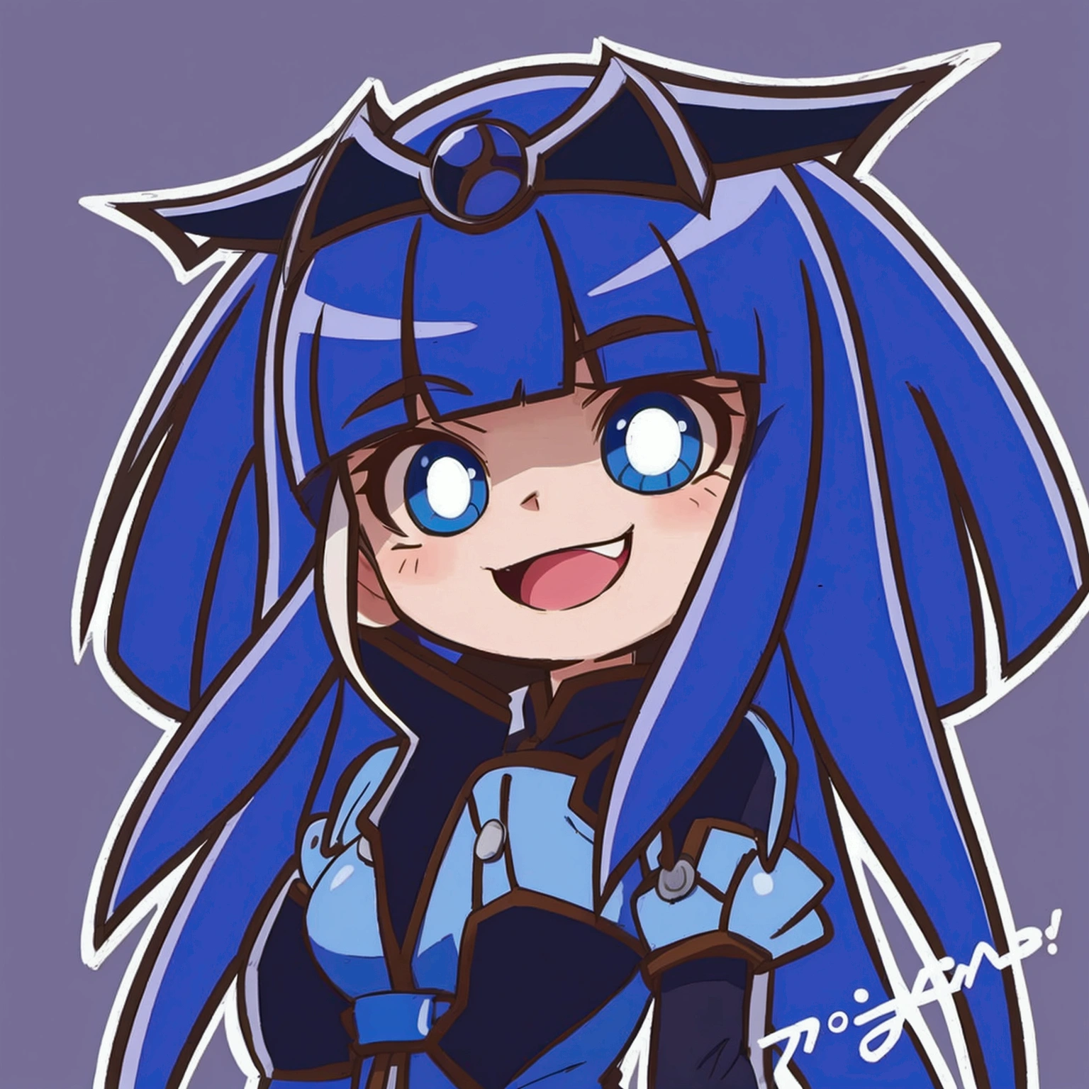 a cartoon drawing of a girl with blue hair and a helmet, anime moe artstyle, I&#39;ll do fanart too, 2D anime style, cel - shaded art style, плоская заливка anime style, anime style, [[[[grinning evilly]]]], Cellular!!!, sai drawing tool!! blue, anime style, chibi