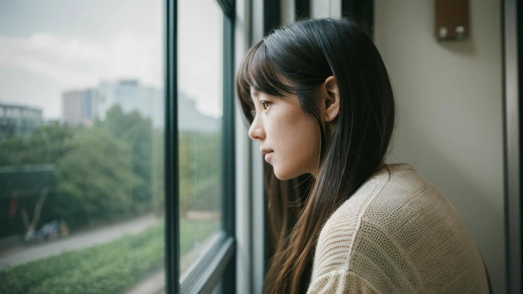 A daughter，Sense of space, A woman with long hair standing in front of a window