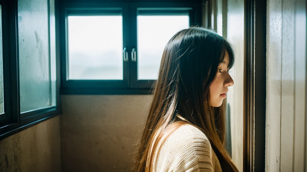 A daughter,Sense of space, A woman with long hair standing in front of a window