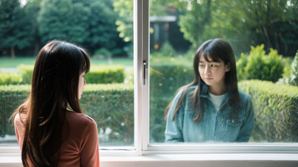 A daughter，Sense of space, A woman with long hair standing in front of a window