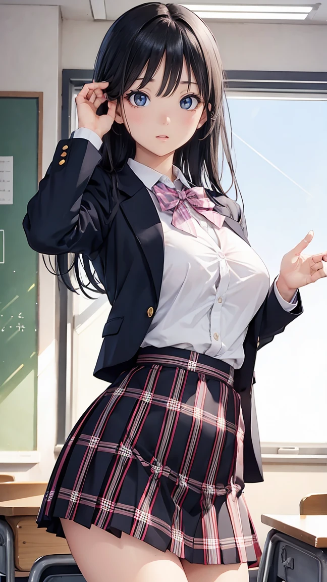 1 Japanese woman, 18 years, small face, large eyes, blue eyes, lacy black hair, Skinny body, big firm tits, with uniform, pink plaid mini skirt, White shirt, black jacket, skirt detail, pose lifting her skirt with her hands, classroom, sunny day.