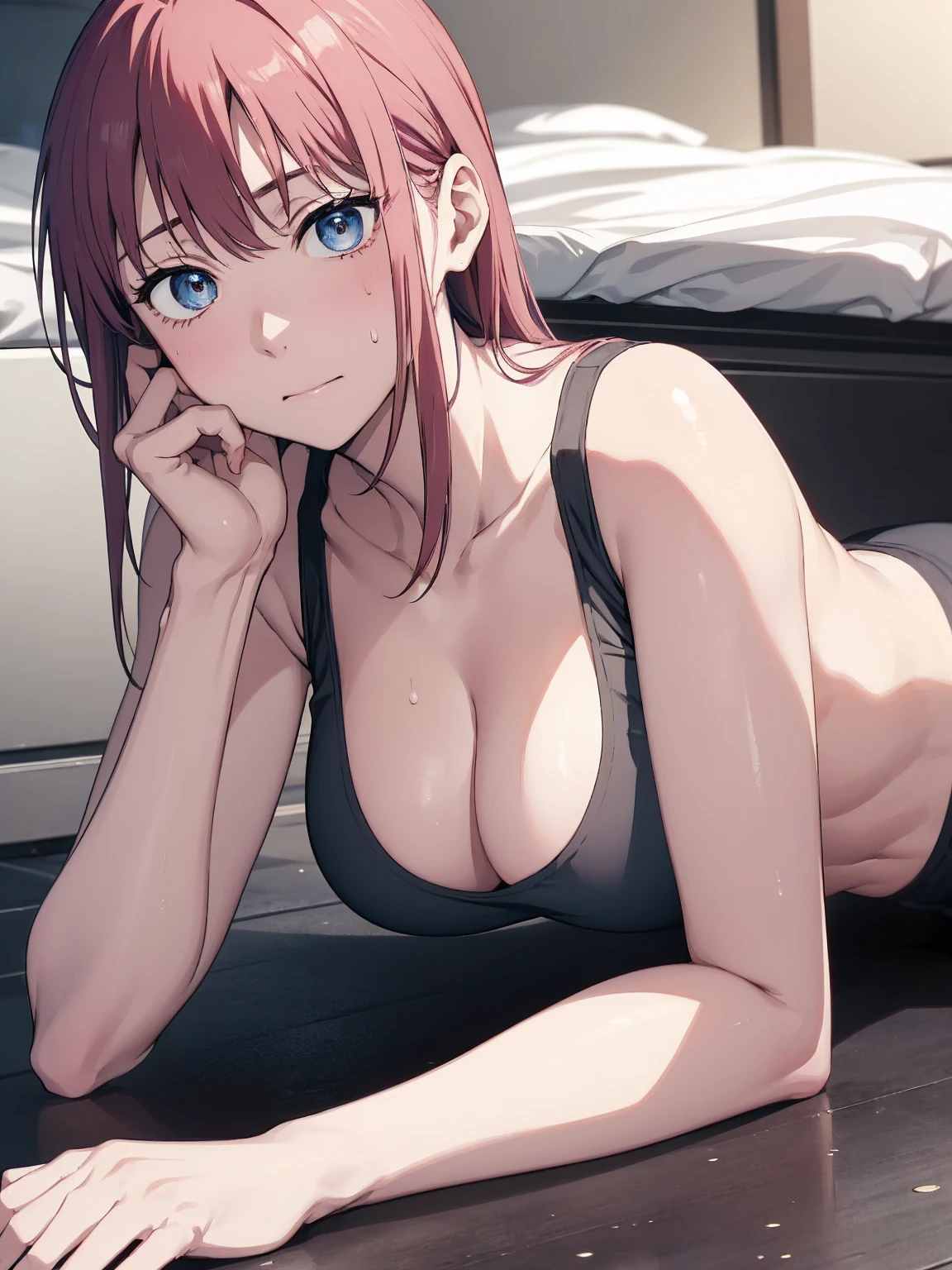 (Sweat, White skin:1.5、Light gray sports bra, ), cameltoe, Fitness, , ((ブラにSweat染み:1.5, Sweatで濡れている, Sweat染み, black stain on グレースポーツブラ:1.5)),Big Breasts, Sturdy body、lie down, ((Big Eyes in Anime))