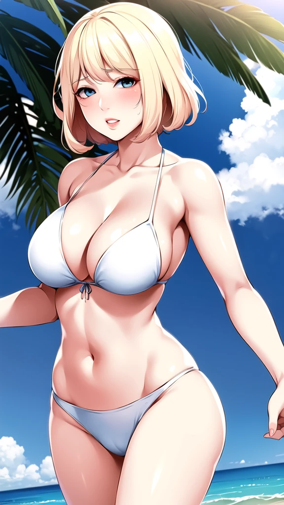 min-ji, swimsuit, breasts, white bikini, navel, outdoors, short hair, looking at viewer, cleavage, parted lips, collarbone, cowboy shot, bare shoulders, stomach, blush, blonde, 