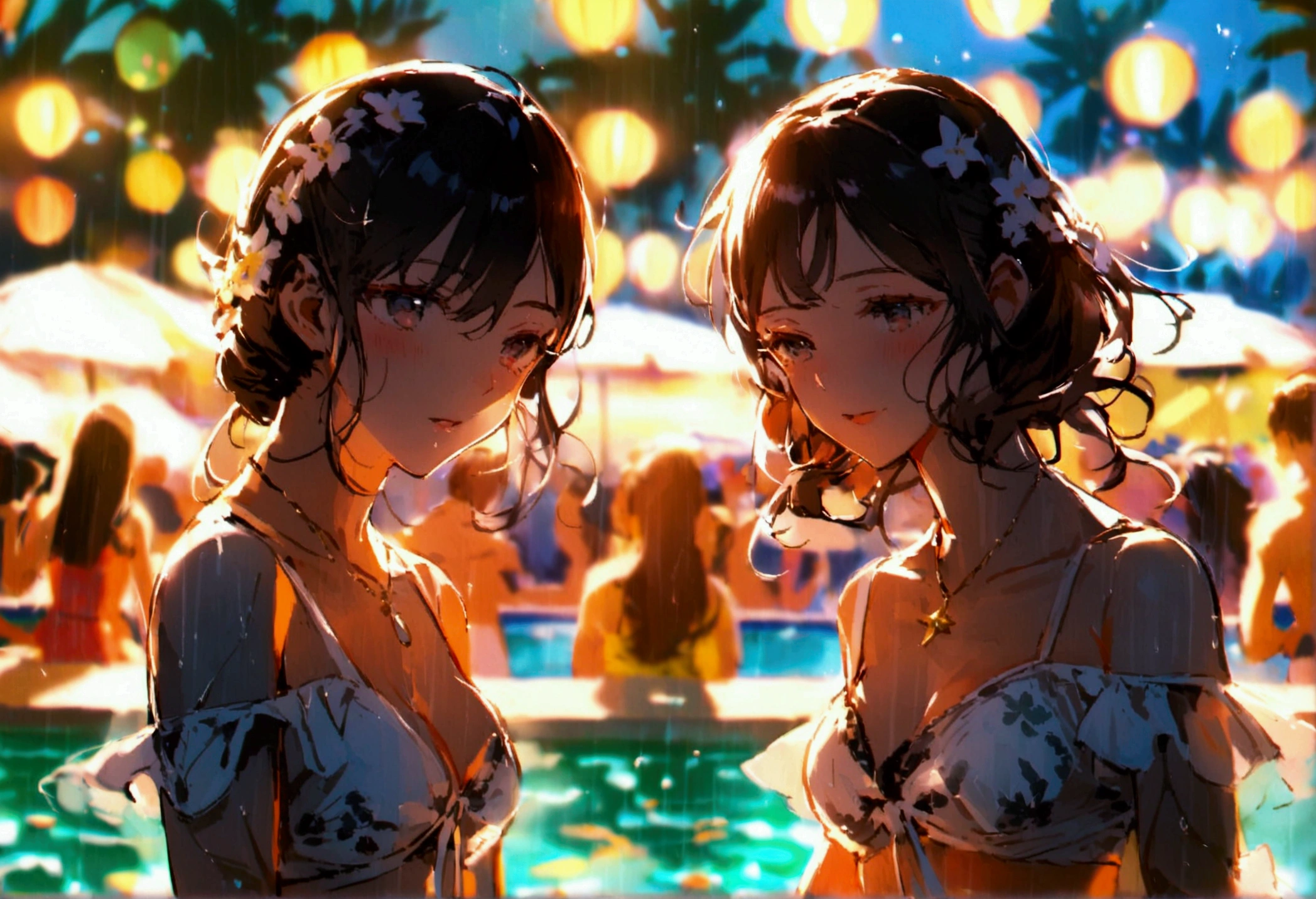 Many people are dancing by the pool、summer night