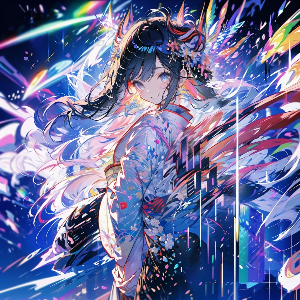 masterpiece、Rainbow Hair、Delicate eyes、smile、Delicate eyes、Hair tied up、Beautiful hair ornaments、kimono、(((firework)))、whole body