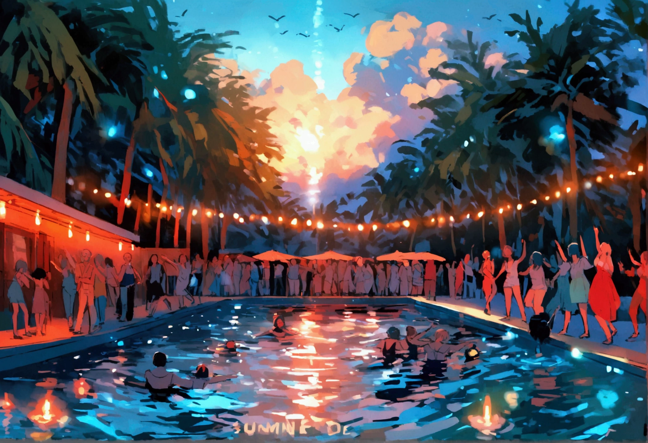 Many people are dancing by the pool、summer night