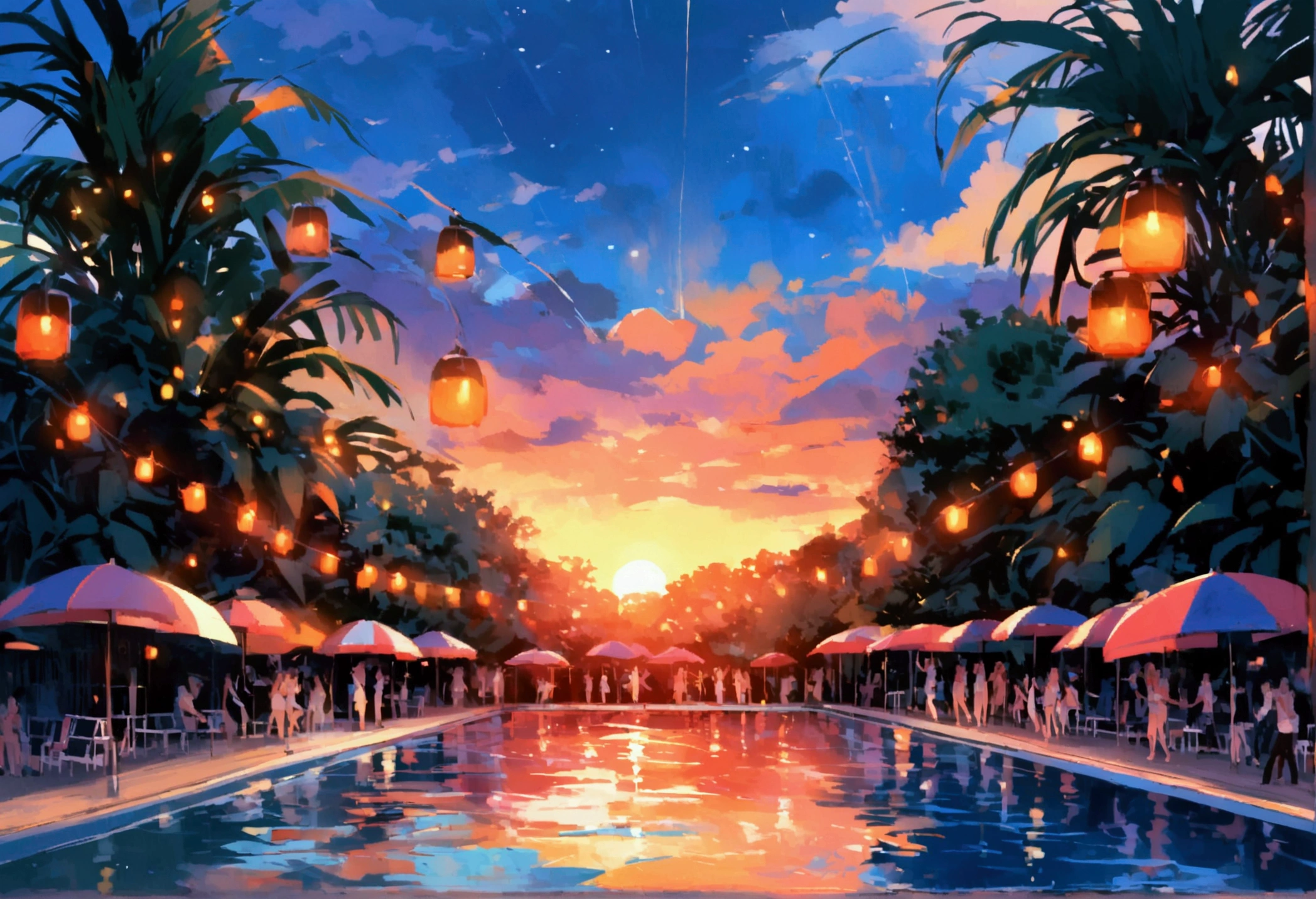 Many people are dancing by the pool、summer night