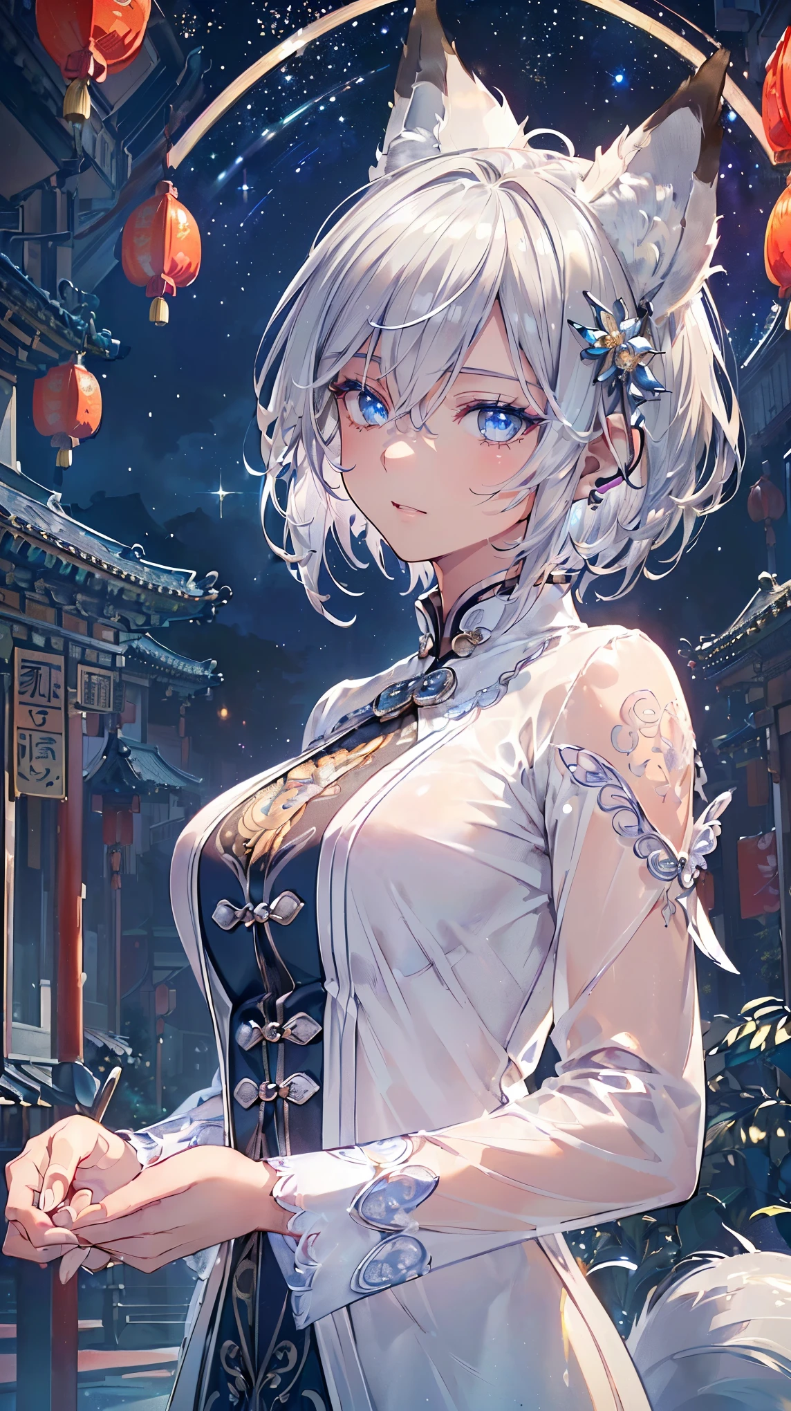 (((Masterpiece))), (((Highest quality))), ((Ultra-detailed)), ((Super fine illustration)), ((Ultra-fine painting)), (16K highest quality wallpaper:1.4), (Upper body:1.6), HDR, (Highly detailed and delicate illustration style:1.8), Detailed skin texture, Detailed cloth texture, Extreme detailed description, (T-masterpiece), (Highly detailed face:1.4), (Highly detailed beautiful silver short hair:1.2), (Highly delicate beautiful blue eyes:1.2), Original, RAW photo, Professional, Intricate details, Super details, Iridescent light:1.7, Direct light:1.6, (Perfect anatomy:1.4), (Highly detailed hands:1.2), (Highly detailed fingers:1.2), (Highly detailed fingertips:1.2), (27-years-old), (Sexy), (Sexy), (Solo:1.8), Real, ((A very beautiful and attractive silver fox fashion model:1.4))
BRAKE
(Beautiful and adorable silver fox ears:1.6), (Highly detailed and delicate silver fox ears:1.2), (Beautiful and well-shaped big breasts:1.2), (Beautiful and well-shaped buttocks), (Very beautiful and shiny rainbow-colored short hair, colorful short hair:1.6), (Very beautiful and transparent blue eyes that shine in iridescent colors, colorful eyes:1.5), (Beautiful clear blue eyes with sparkling details:1.6), (Highly detailed face:1.4), (Smile:1.3), (looking at viewer:1.4), (Walking)
BRAKE
((Very beautiful and cool casual boyish outfit:1.4))
BRAKE
((A very beautiful and elaborate Chinatown night view as the backdrop:1.4), (Highly detailed and delicate starry night sky background:1.3))
BRAKE