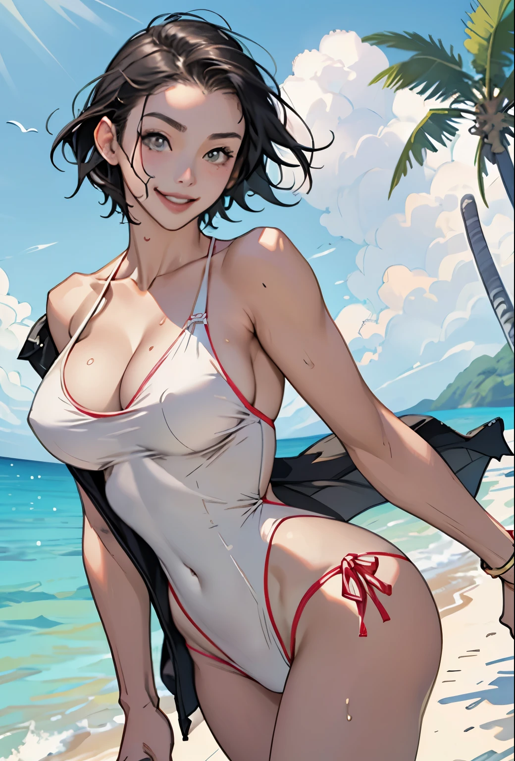 Realistic、Face reality、With a girl、Swimwear、Sexy smile、My breasts have gotten a little bigger、Sexy pose、From the front it looks like a one-piece, but from the back it looks like a mono bikini、
