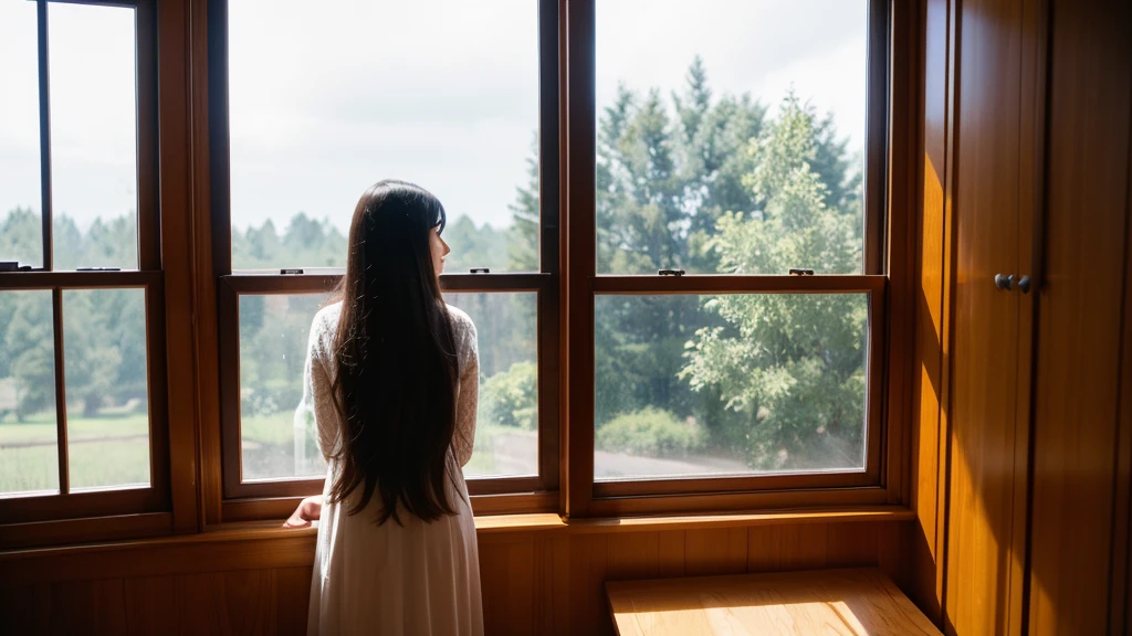 A daughter,Sense of space, A woman with long hair standing in front of a window